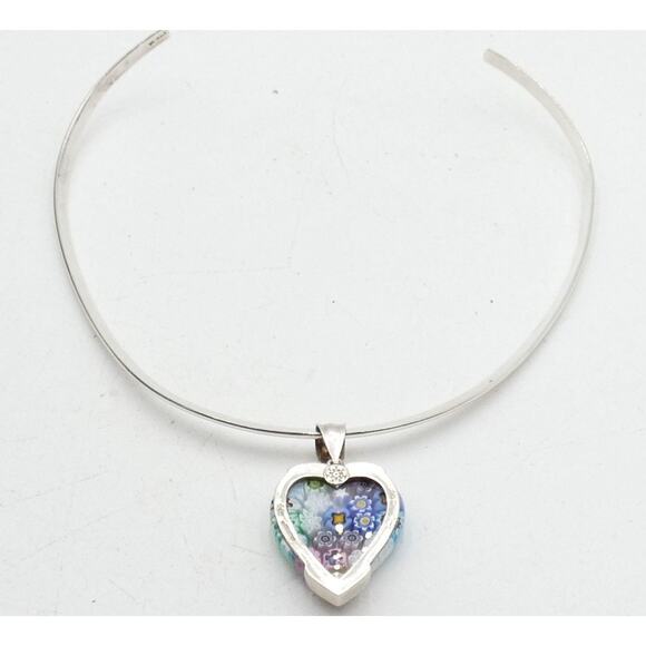Vintage 925 Millefiori Heart Pendant Necklace Sterling Italy Glass Alan K Signed - Picture 2 of 15